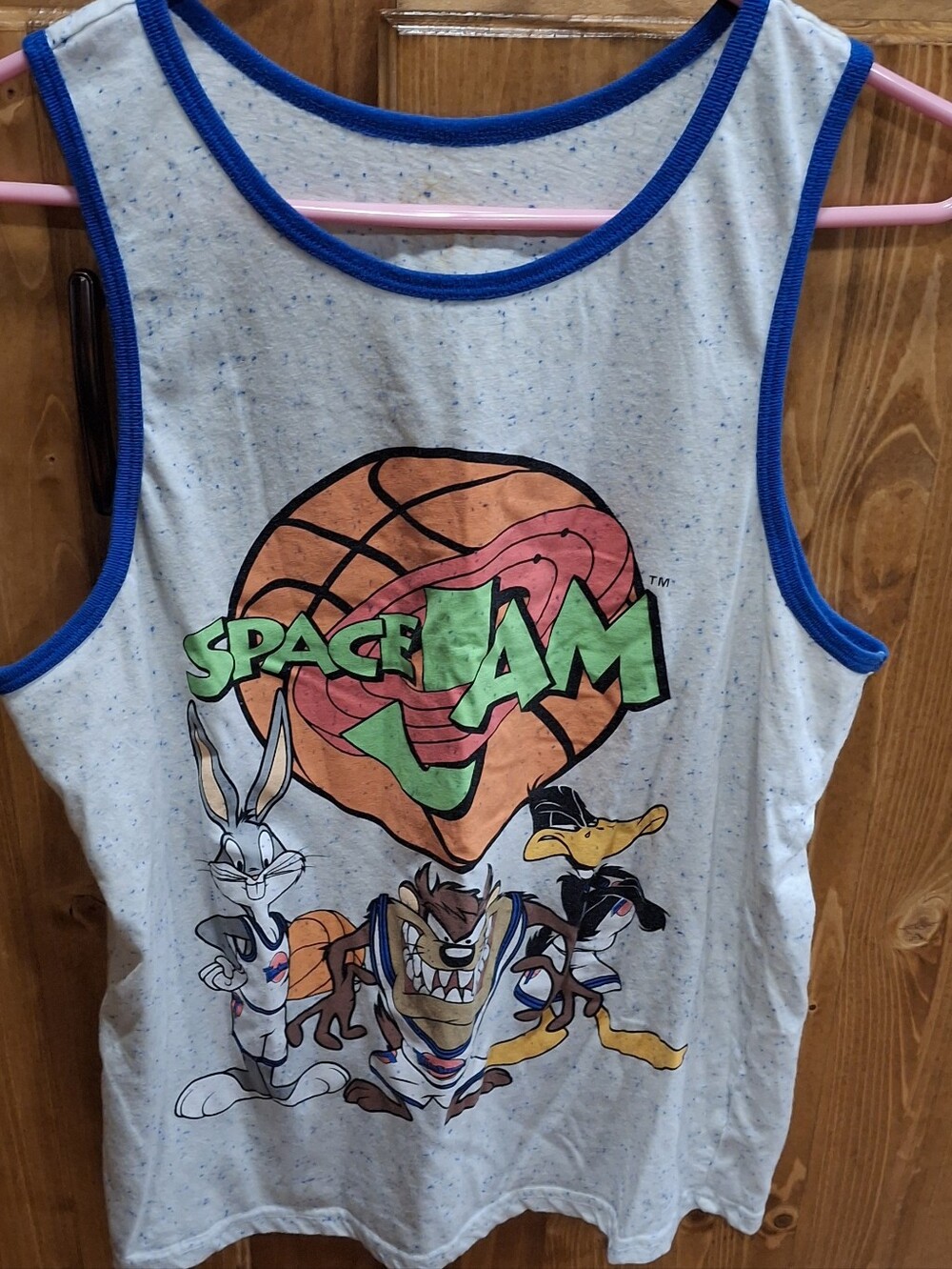 Space Jam Mens Medium Graphic Tank Top White With Bkue Trim Preowned